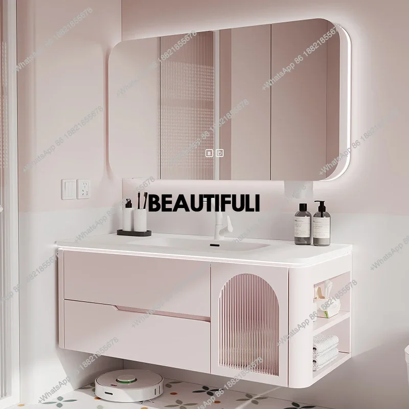 

RR Pink bathroom cabinet combination oak paint integrated ceramic basin bathroom wash storage cabinet