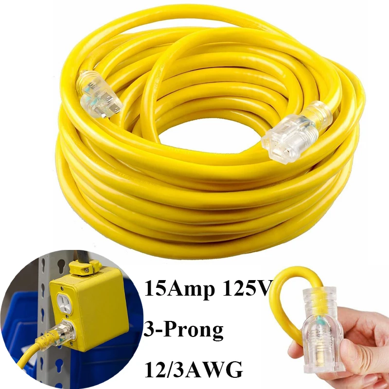 

Yellow Extension Power Cord with LED Lighted Durability USA 3-prong Plug 50/100FT Outdoor Heavy Duty Copper Wire Generator Cable