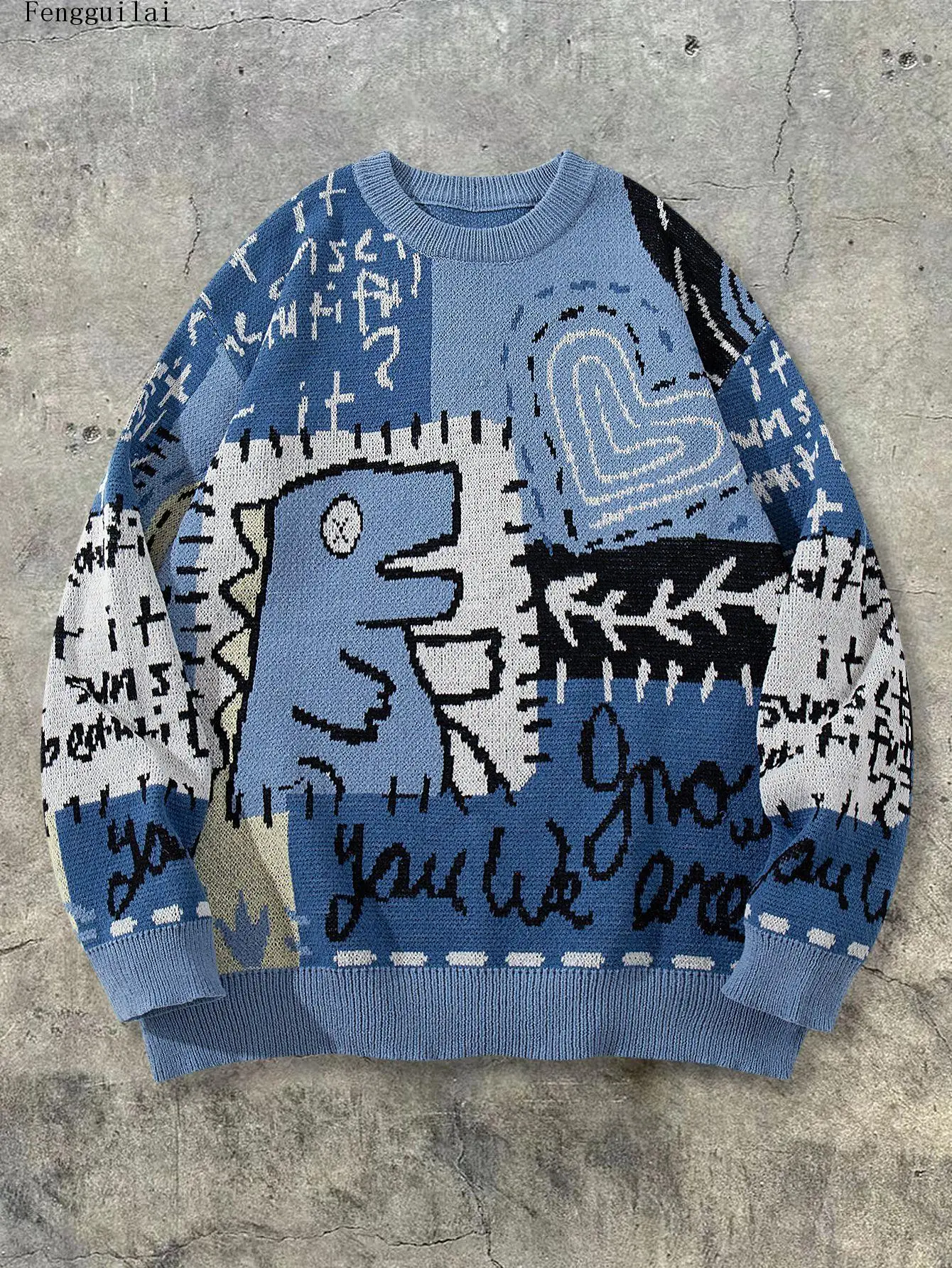 Unisex Graffiti Cartoon Jacquard Sweater Crew Neck Oversized Loose Knit Pullover Streetwear Letter Heart Pattern Casual Jumper