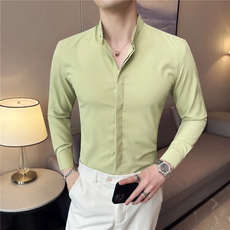 Brand 2023 New Fashion Stand Collar Solid Slim Fit Shirts Mens Casual Luxury Long Sleeve Party Wedding Business Dress Shirts