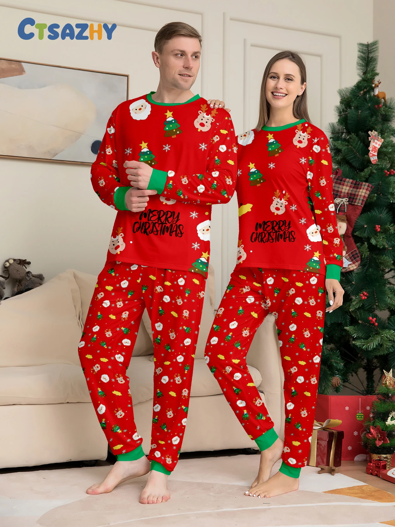 

Couple Matching Christmas Pajamas Set Long Sleeve Red Top with "Merry Christmas" & Festive Print & Pants Sleepwear