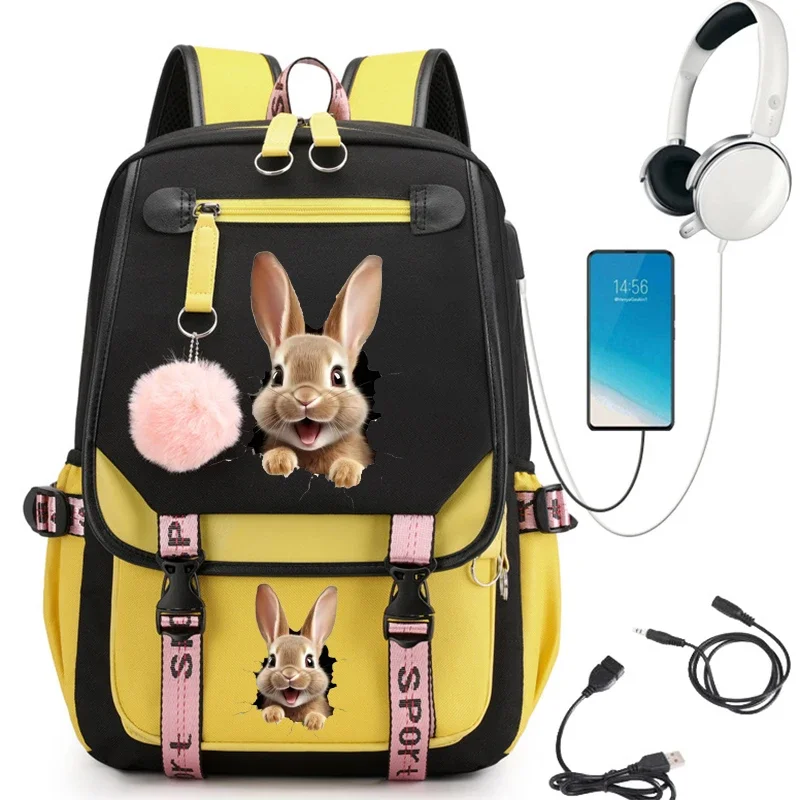 Sac à Dos d'École Imprimé Lapin, Cartable de Dessin Animé pour Étudiant et Adolescent, Cartable USB, pour Ordinateur Portable, Style Kawaii