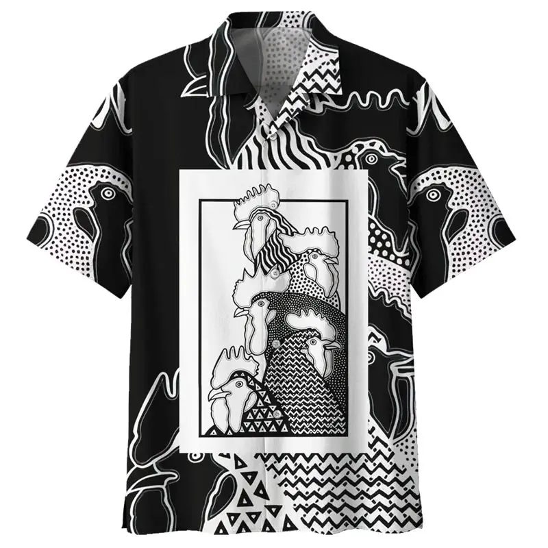 Vintage Chicken Pattern 3D Printed Hawaiian Shirt for Men Special Wide Fit Fleece Lined Autumn  Collar Nine Sleeve Length