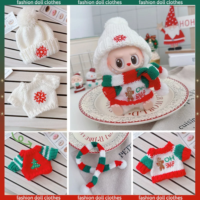 

Fo17cm Labubu свитер с подвеской, шляпа, рождественский комплект свитера для 10 см, хлопковая кукольная одежда, белый свитер, красочный кардиган на пуговицах