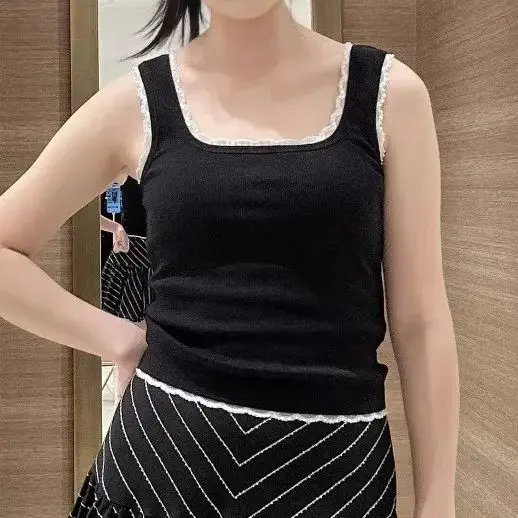 

Women Square Neck Lace Trim Bead Embroidery Contrast Sleeveless Solid Knit Top Spring/Summer Slim Elegant Casual Vest