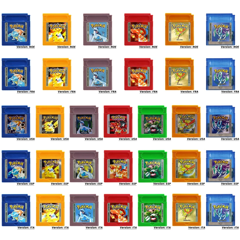 GBC cartucho de videojuegos de 16 bits, cartas de Pokémon, azul, cristal, dorado, verde, rojo, plateado, amarillo, versión de EE. UU./FRA/ITA/NOE/ESP