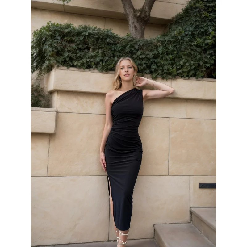 

International Station Women's High-End Socialite Style Dress2025Spring Summer New Asymmetric Neck Banquet Elegant Long Dress