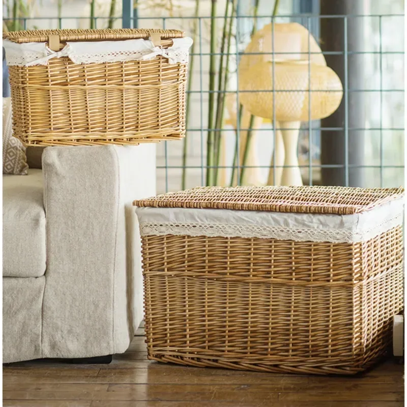 Scatola portaoggetti super grande Custodia per abbigliamento per tessitura in rattan naturale antipolvere con coperchio Cestino per giocattoli Scatole organizer multifunzionali