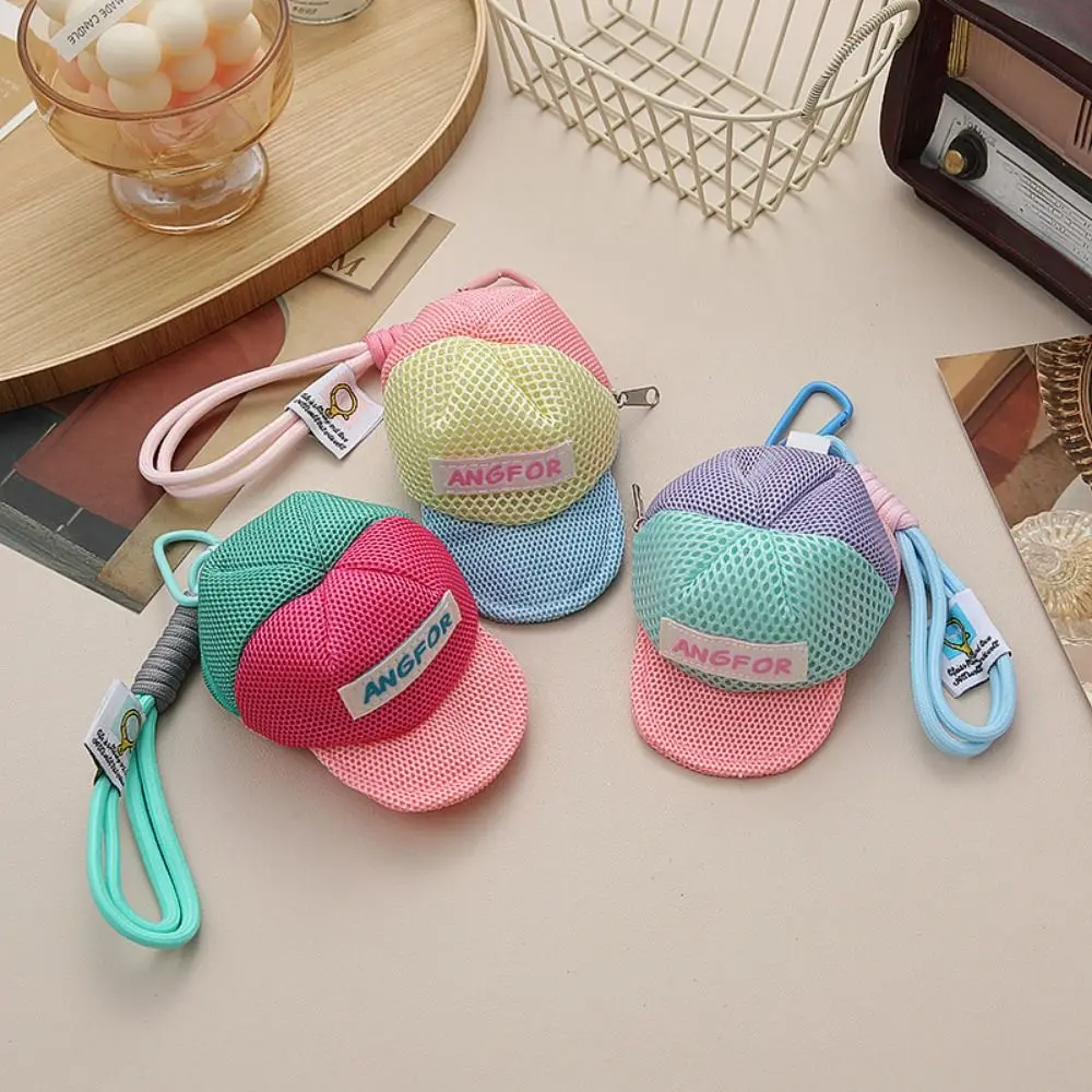 

Keychain Hat Shape Coin Purse Decorative with Handle Rope Creative Hat Mesh Pouch Cartoon Anti Loss Headphones Organizer