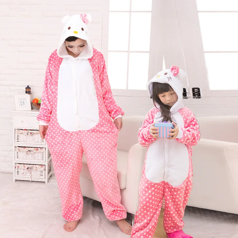 Piyama Onesie Flanel KT Set Keluarga Cocok untuk Wanita Anak-anak Dewasa Pakaian Tidur Kartun Lucu Pakaian Rumah Musim Dingin