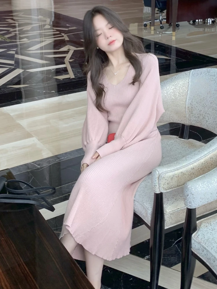 Winter Pink Elegant Two Piece Sweater Set Women Loose Warm Knitted Sweater Suit Female Bow Casual Korean Fashion Chic Set 2022