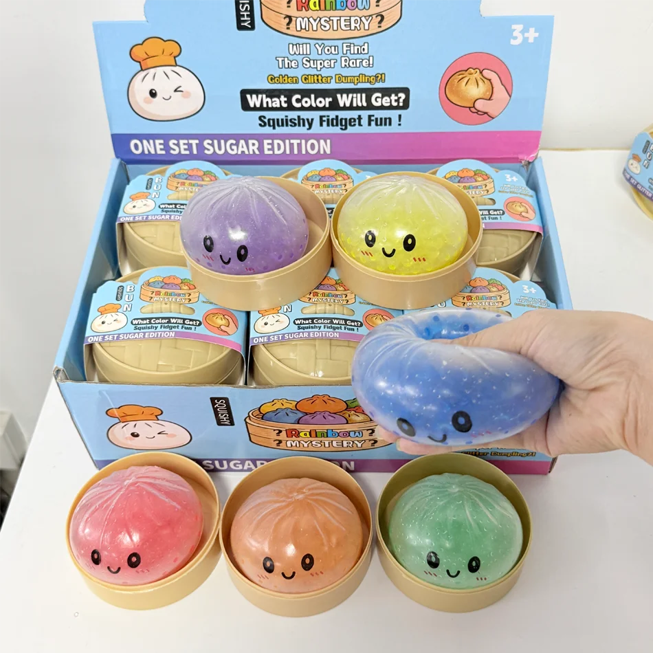 Dumpling Squeeze Toy with Bamboo Steamer, Soft TPR Dough Ball, Realistic Decompression Fidget Toy, Stress Relief Gift - view 4