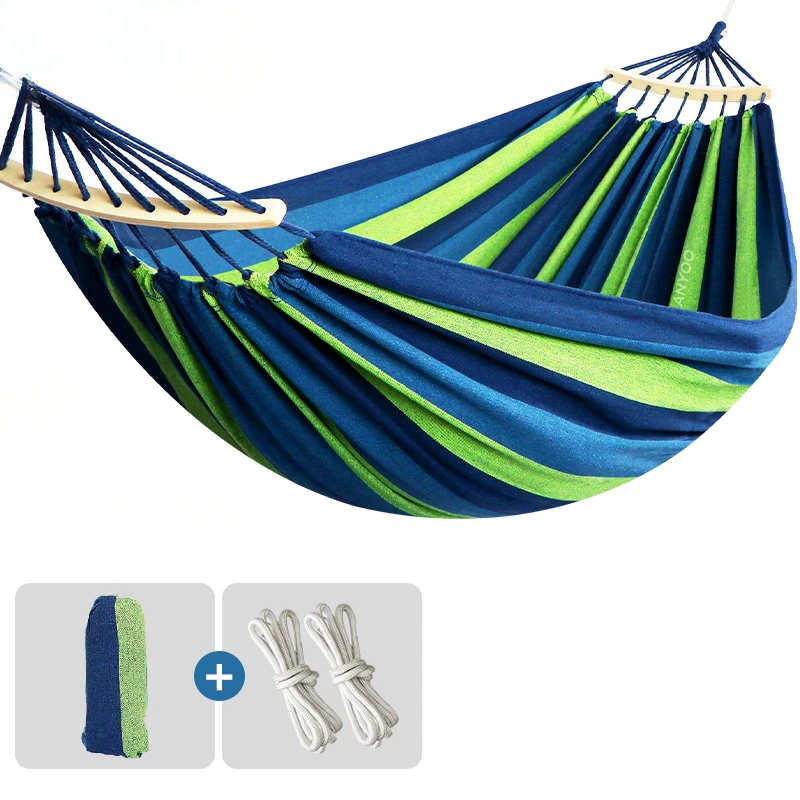 

250*150cm 2 People Outdoor Canvas Camping Hammock Bend Wood Stick Steady Hamak Garden Park Swing Hanging Chair Hangmat Blue Red