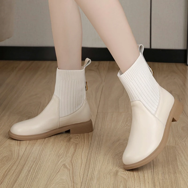 

Ботильоны 2025 г., женские туфли без шнуровки из коровьей кожи в стиле пэчворк из эластичной ткани с круглым носком, женские ботинки-носки ручной работы