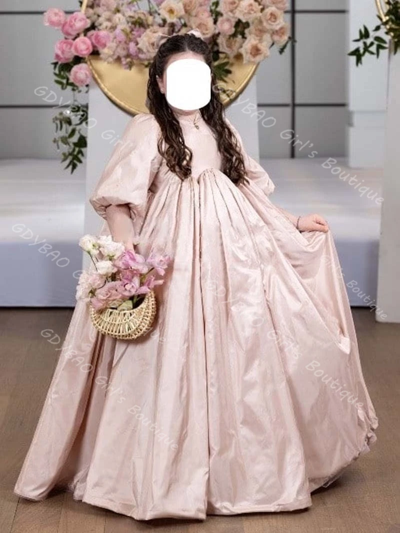 Pink Flower Girl Dress for Wedding Toddlers High Waist Balloon Sleeve Pageant Dress Customized Kids Birthday Party Ball Gown