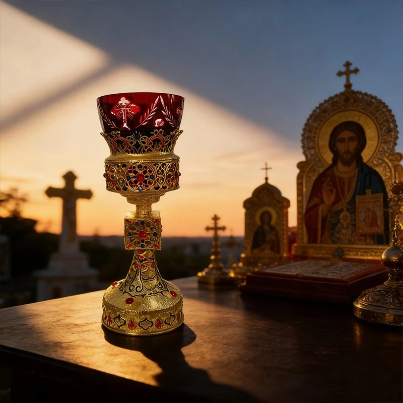 Vintage Gold Plated Orthodox Liturgical Chalice with Enamel Red Gems and Red Glass Cup for Church Communion Home Altar Prayer