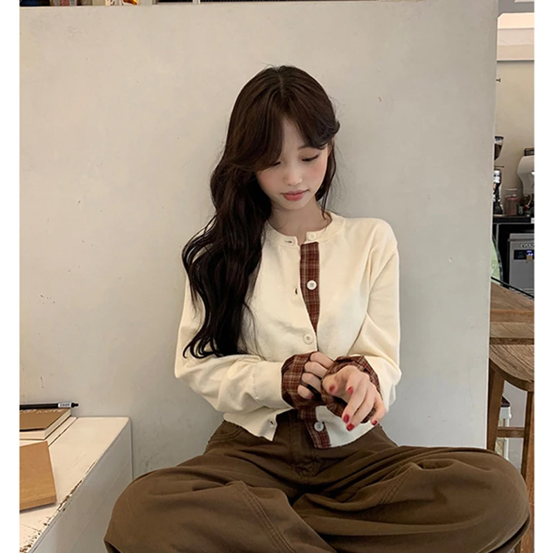 

Винтажный укороченный вязаный кардиган, женский клетчатый лоскутный свитер, верхняя одежда, корейский трикотаж с длинными рукавами, зимние универсальные джемперы