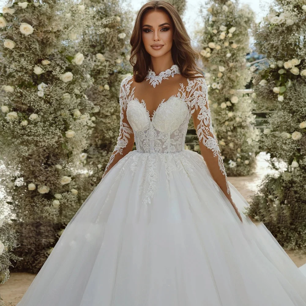 Elegant Ball Gown Wedding Dresses Beading Appliques High Collar Full Sleeves Dress Customized High Quality Womens Clothing