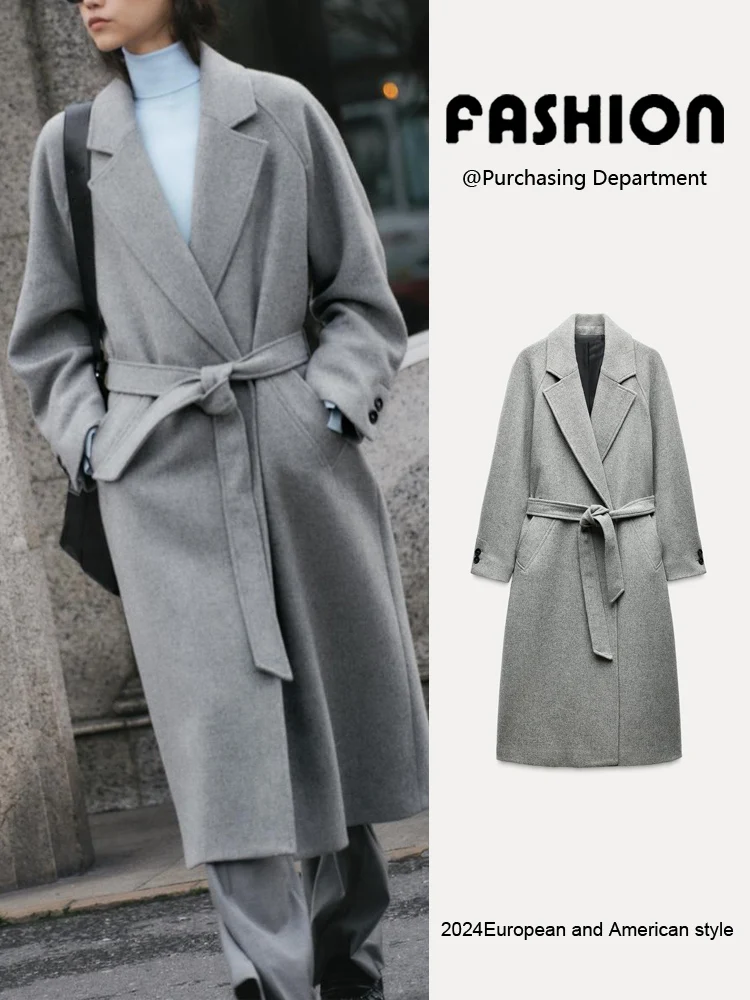 

Осень 2024, женское длинное пальто све, Новое поступление, повседневная теплая универсальная верхняя одежда с поясом, свободная посадка, чистый цвет