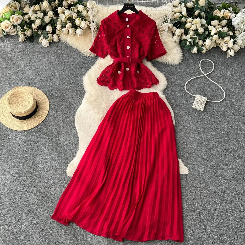 Sexy Two Pieces Sets Chic Turn-down Collar Short Sleeve Top with Solid Pleated  High Waist A-line Skirt Beach Vacation Sets