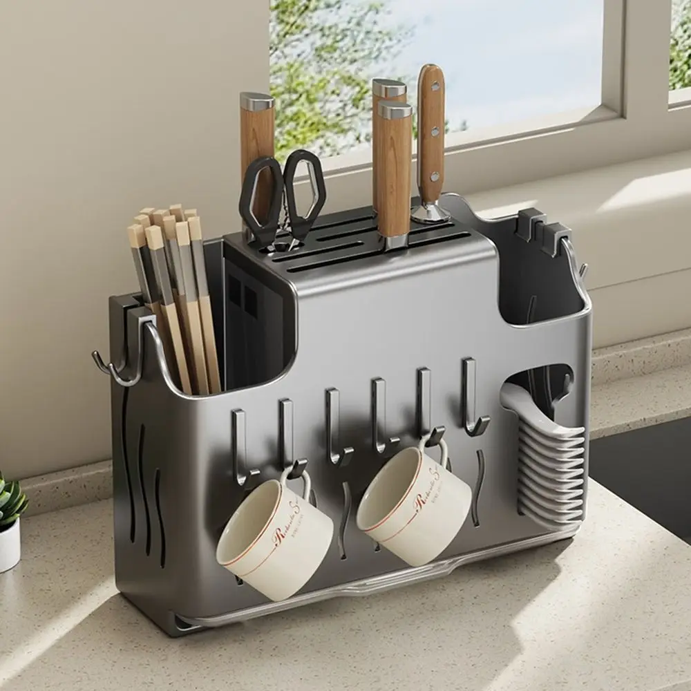 Iron Chopstick Holder Wall-Mounted Large Capacity Utensil Draining Rack Beige/Grey Space Saving Chopstick Storage Rack Kitchen