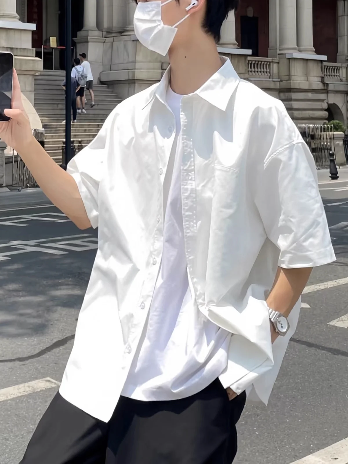 DUKEEN Men\'s 100% Cotton Shorts-Sleeve Shirts Summer Solid Color Turn-Down Collar Formal Shirts White Basic Causal Men\'s Clothes