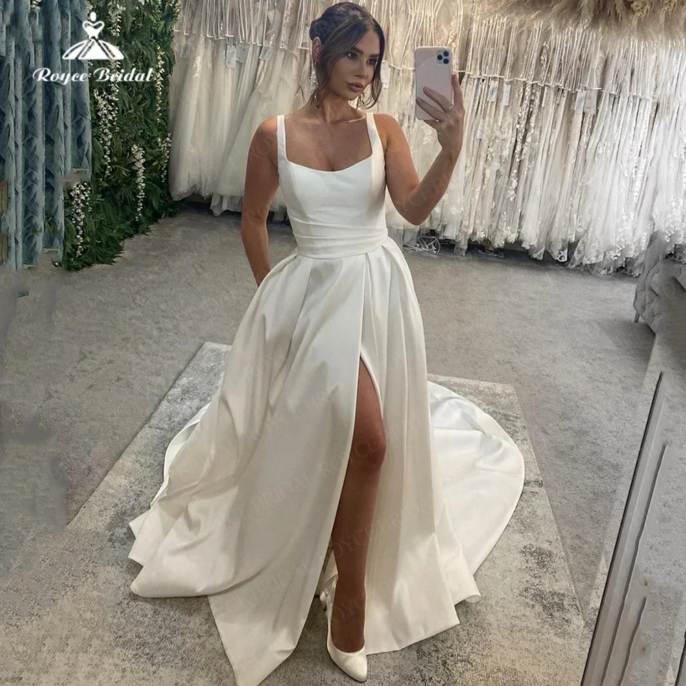 Roycebridal-Robe de Mariée en Satin à Volants, Tenue Éducative, Simple, A-ligne, pour les Patients de quel Côté, Fendue avec un Bouton