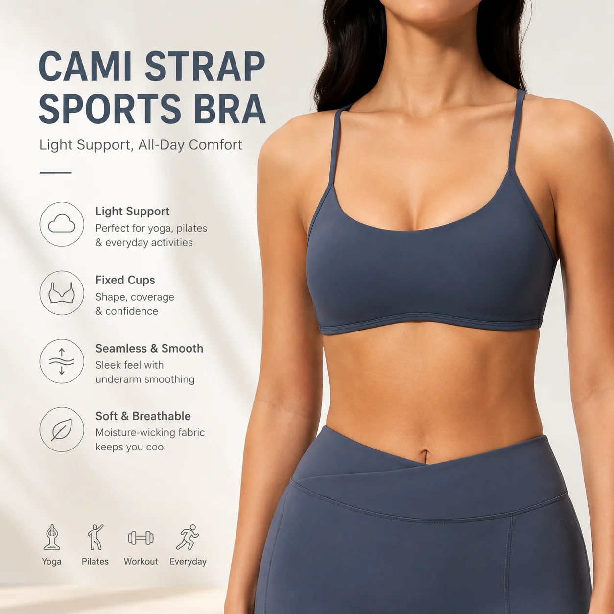 Premium Women's Cami Strap Sports Bra Light Support Yoga Bralette with Fixed Cups Seamless Workout Crop Top Underarm Smoothing G