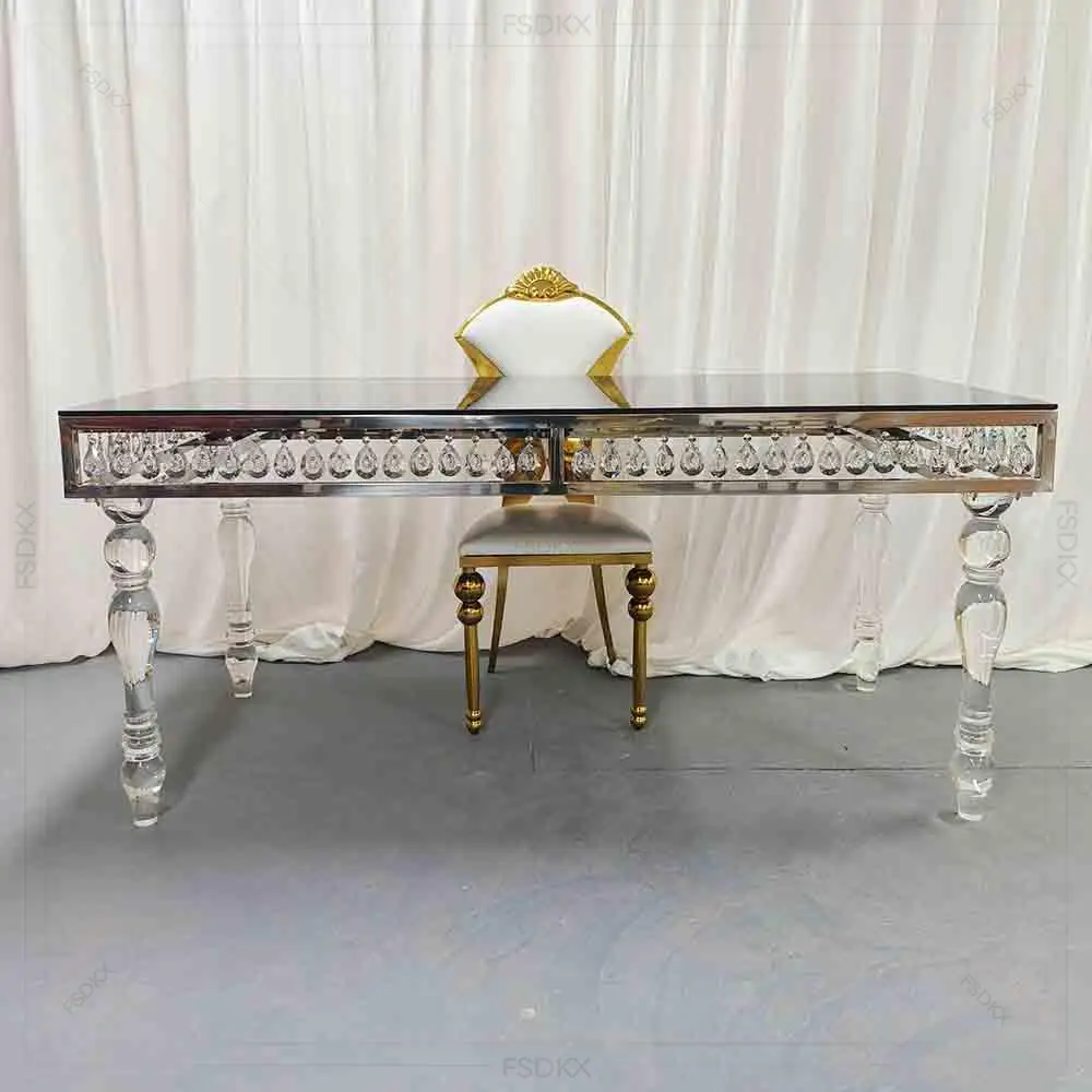 

Wholesale Glass Top Stainless Steel Dining Table for Banquet Reception