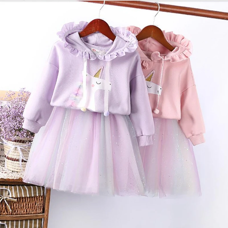 2025 Spring Autumn Baby Girl Clothes Sets Kid Cartoon Unicorn Hooded Sweatshirt+Rainbow Skirts 2pcs Suit Children Princess Dress