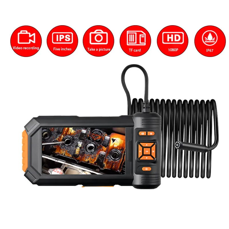 5.5MM Industrial Endoscope Camera 1080P HD Flexible Waterproof Bore Scope for Plumbing Automotive Sewer With 5 inch IPS Screen
