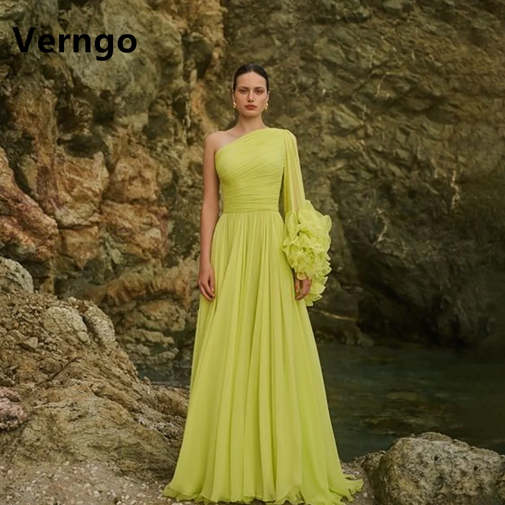 Verngo Yellow One Shoulder Long Party Dress A Line Dress For Prom Pleat Long Sleeves Chiffon Dress For Formal Occasion