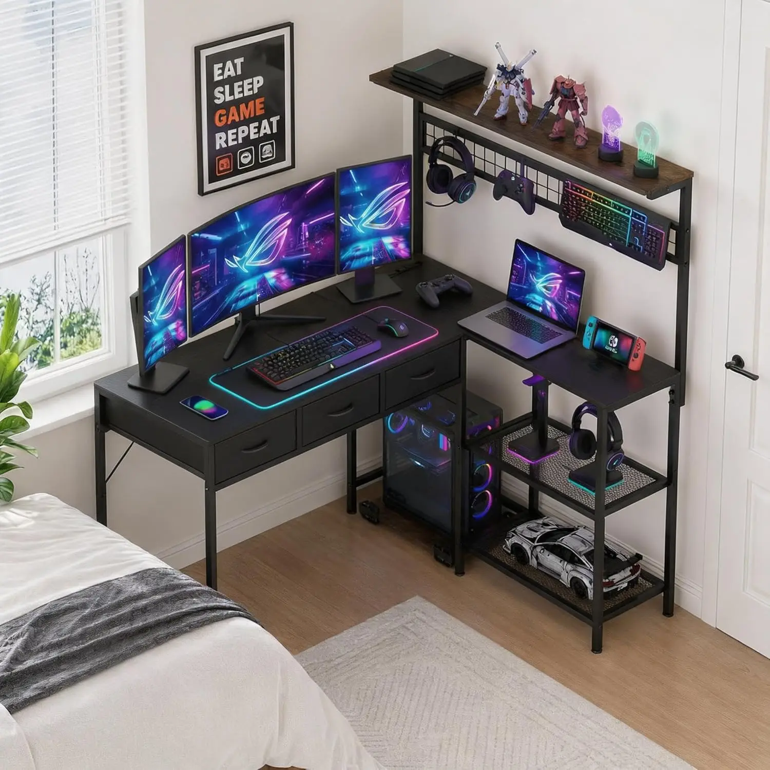 L Shaped Computer Desk with 3 Drawers & Power Outlet, Revers