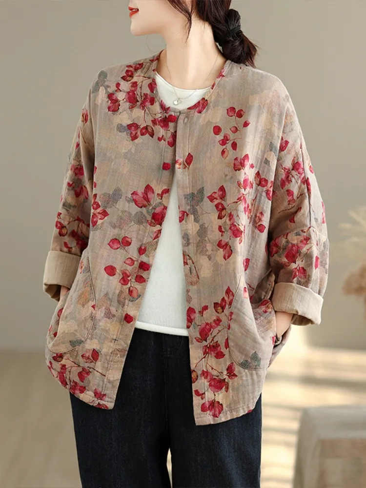 

Хлопково-льняная куртка с принтом в стиле ретро, женский свободный повседневный длинный свек, круглый открытый кардиган, антивозрастной топ для мам