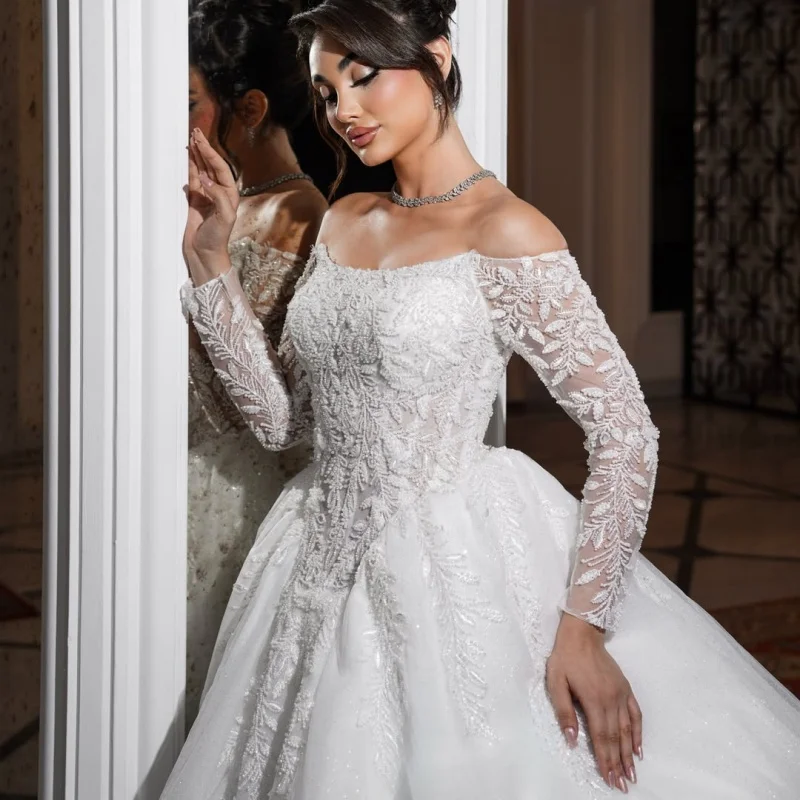 White Wedding Dresses Sequins Beadwork Decal Skirt Long Tail Arab  Ball Gown Skirt Layering Made Split Wedding Dress Bridal Gown