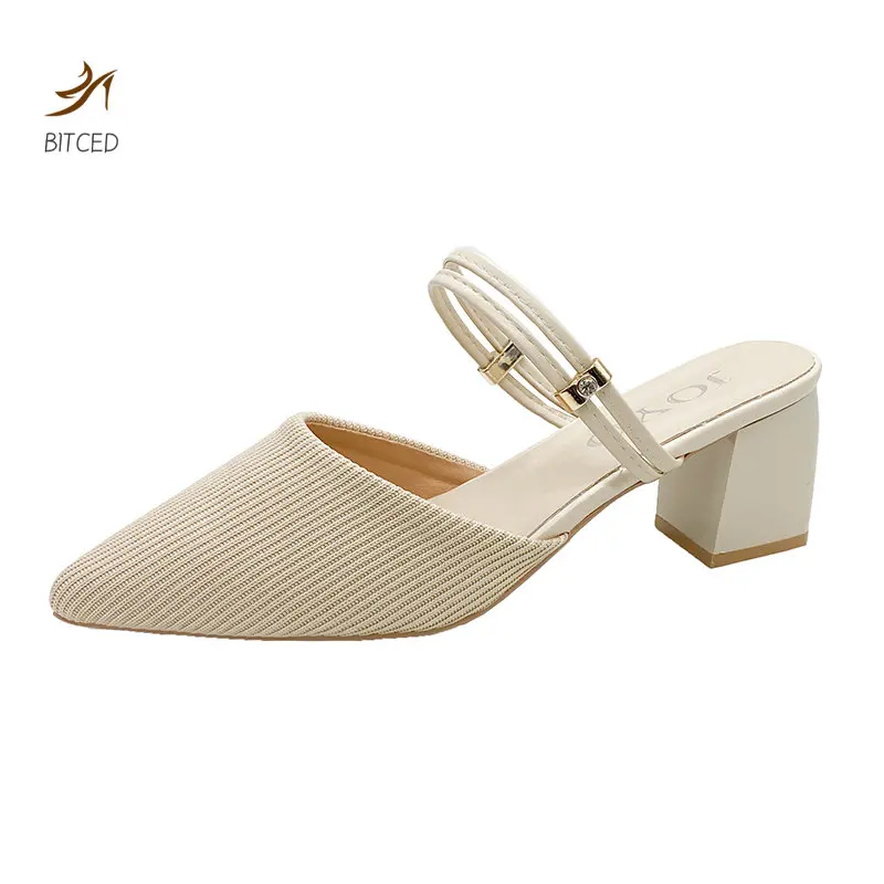 Women Mules Shoes 2023 Summer New Pointed Toe Chunky Heels Ladies Slippers Fashion Plus Size Dress Party Mid Heel Shoes Women