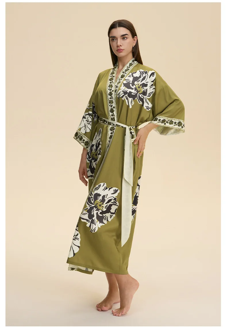 

Female Spring Summer Kimono Bathrobe Print Flower Satin Long Robe Sleepwear Home Dressing Lounge Wear