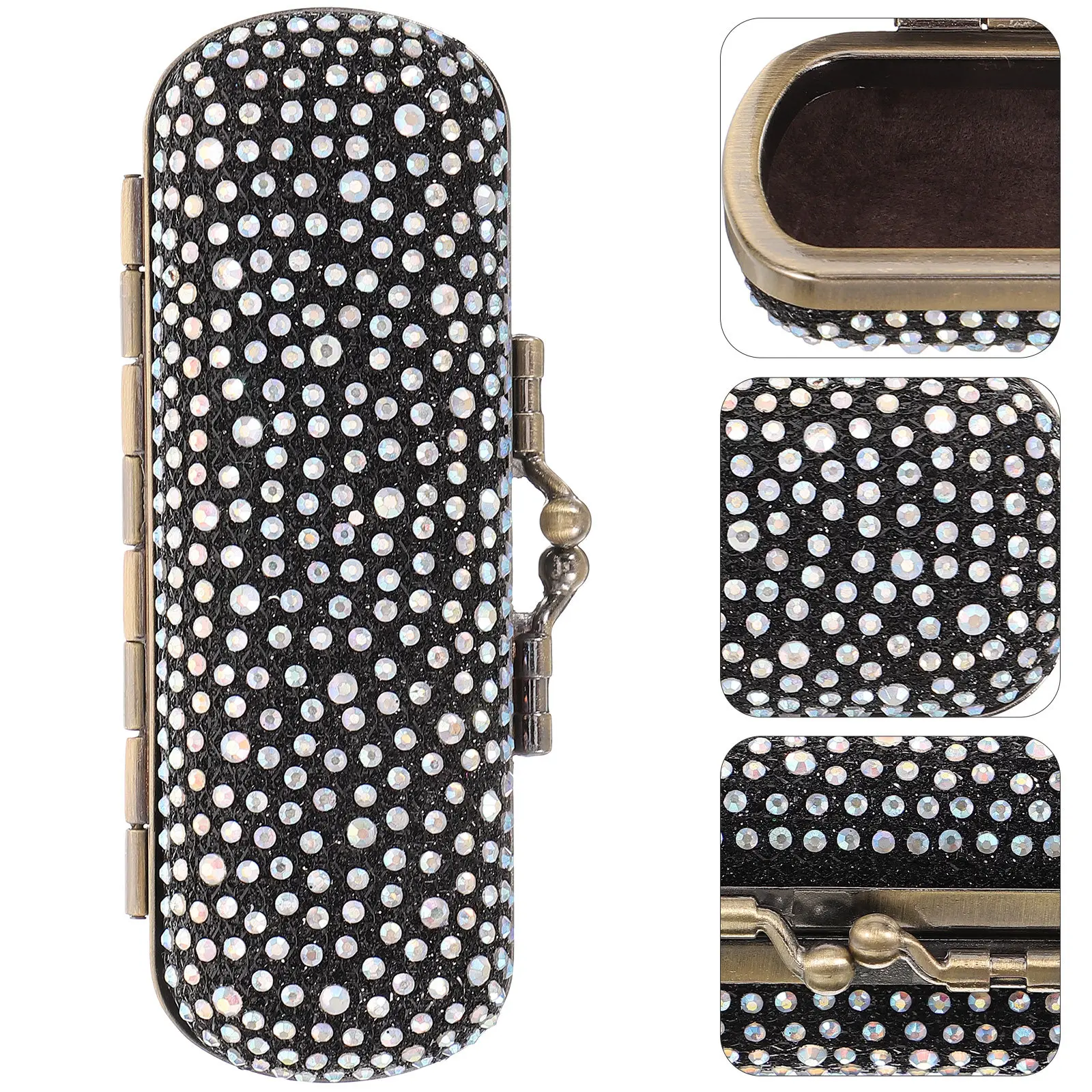 

Lipstick Case Portable Plating Rhinestone Metal Makeup Organizer Travel Storage Box with Mirror and