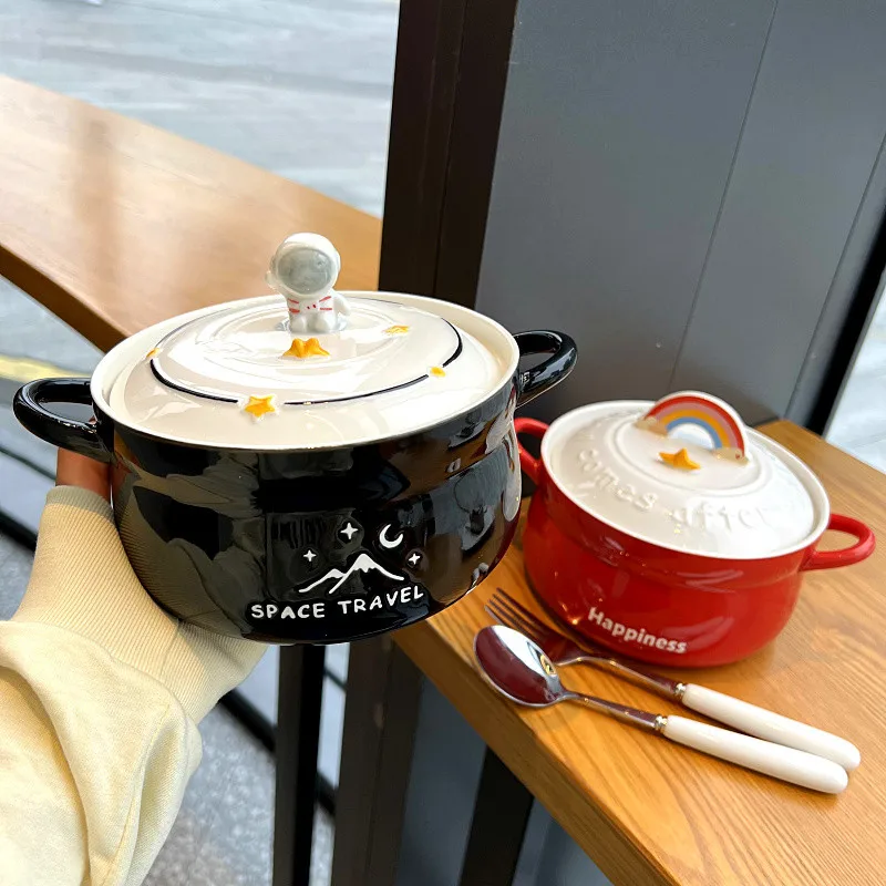 

Cute Astronaut Ceramic Instant Noodle Bowl With Cover Bracket Student Dormitory Household Double Ear Soup Ramen Bowl