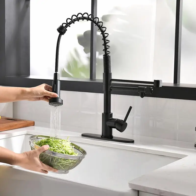 Matte Black Kitchen Faucet with Pull Down Water Filter and Roll Up Dish Drying Rack for Drinking Water