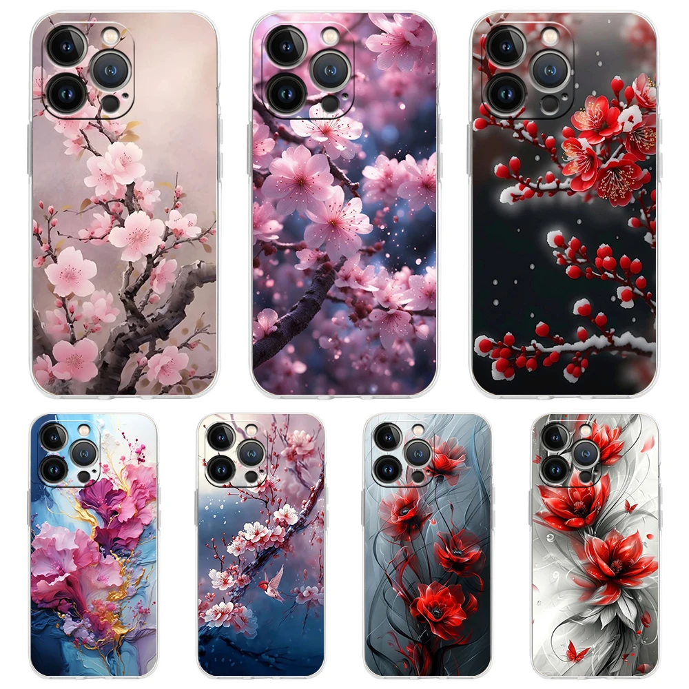 

Cherry Blossoms Phone Case for iPhone 16 15 14 13 12 Pro Max Transparent Soft for iPhone 11 Pro Max 7 8 Plus XS XR Shell Capas