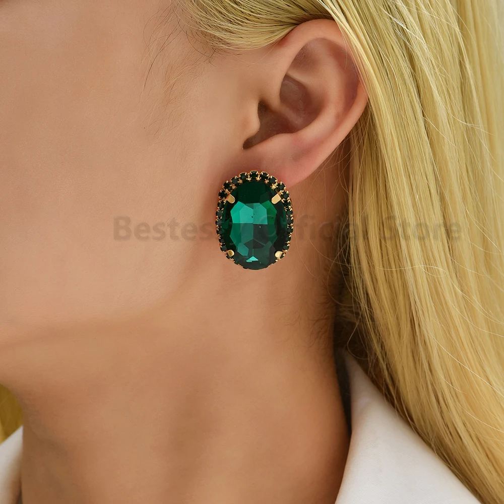 Hot Pink Big Rhinestone Decor Earrings For Women Unusual Design Oval Luxury Piercing Ear Studs Trendy Party Prom Vintage Jewelry