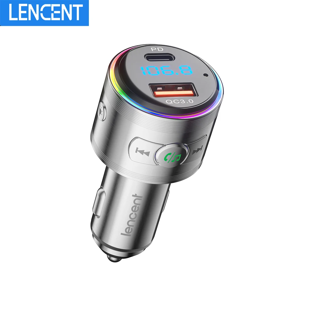 LENCENT Bluetooth 5.3 FM Transmitter Full Metal Bluetooth Car Adapter with PD 20W & QC3.0 Fast Charger Hi-Fi Music Adapter