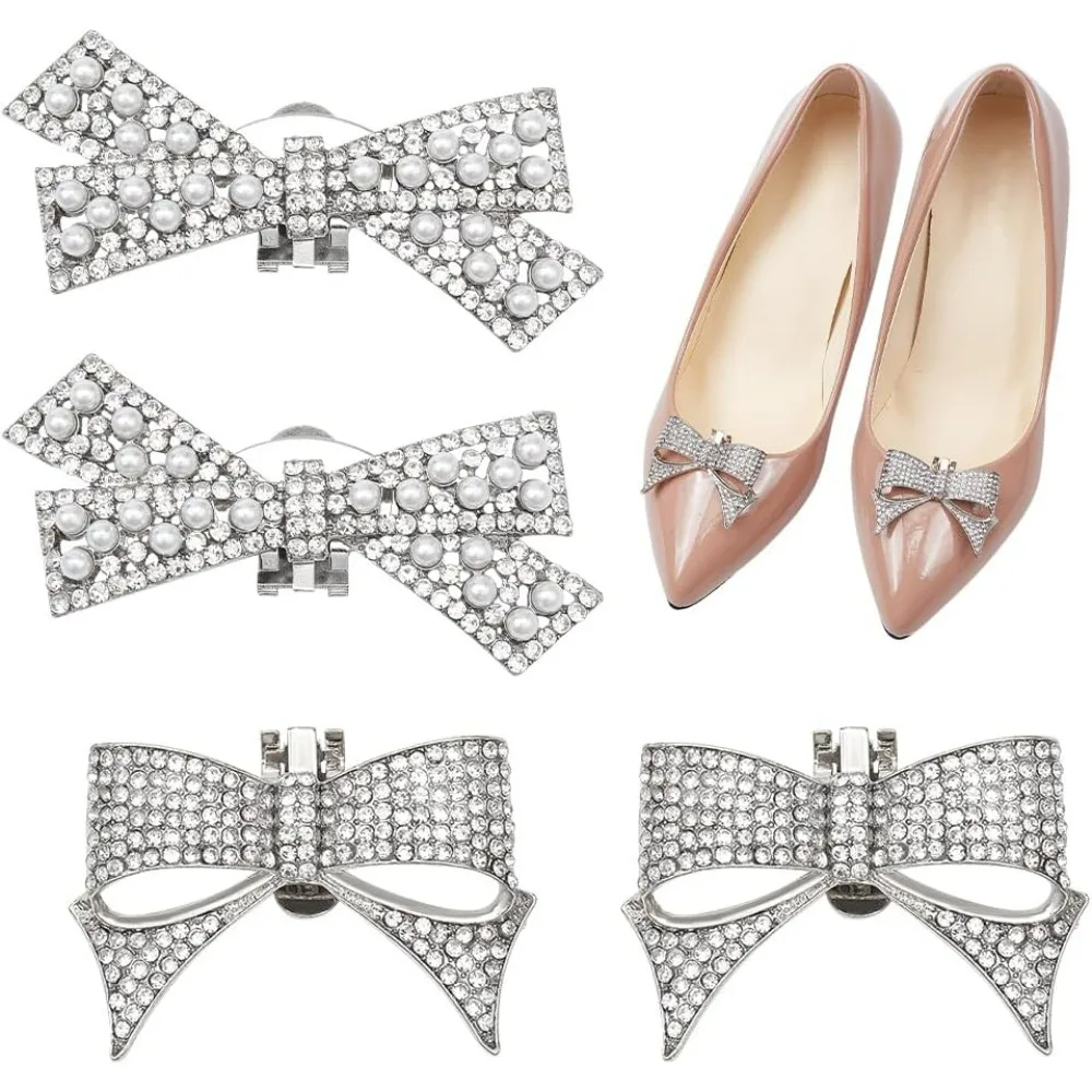 2 Pairs Sparkly Rhinestone Floral Shoe Clips, 2 Colors Imitation Pearl Crystal Wedding Shoe Buckle