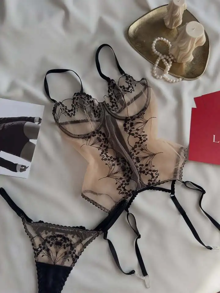Elegant Women's Lingerie Sets Seductive Corset Thong 2PC with Stockings Sexy Nude Sheer Intimates Women's Underwear view 6