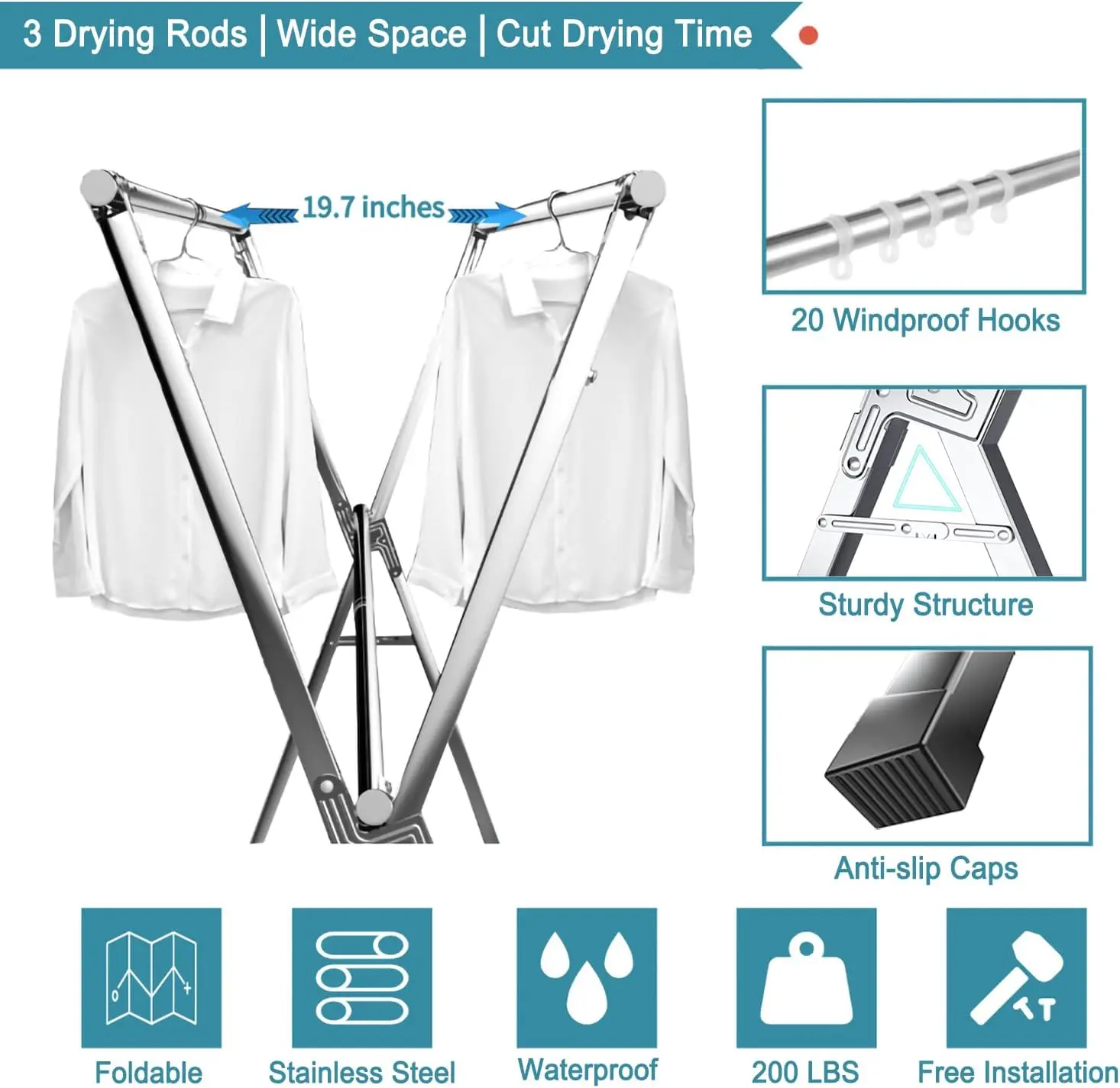 2M Clothes Drying Rack Clothing Folding Indoor Outdoor, Heavy Duty Stainless Steel Laundry Drying Rack