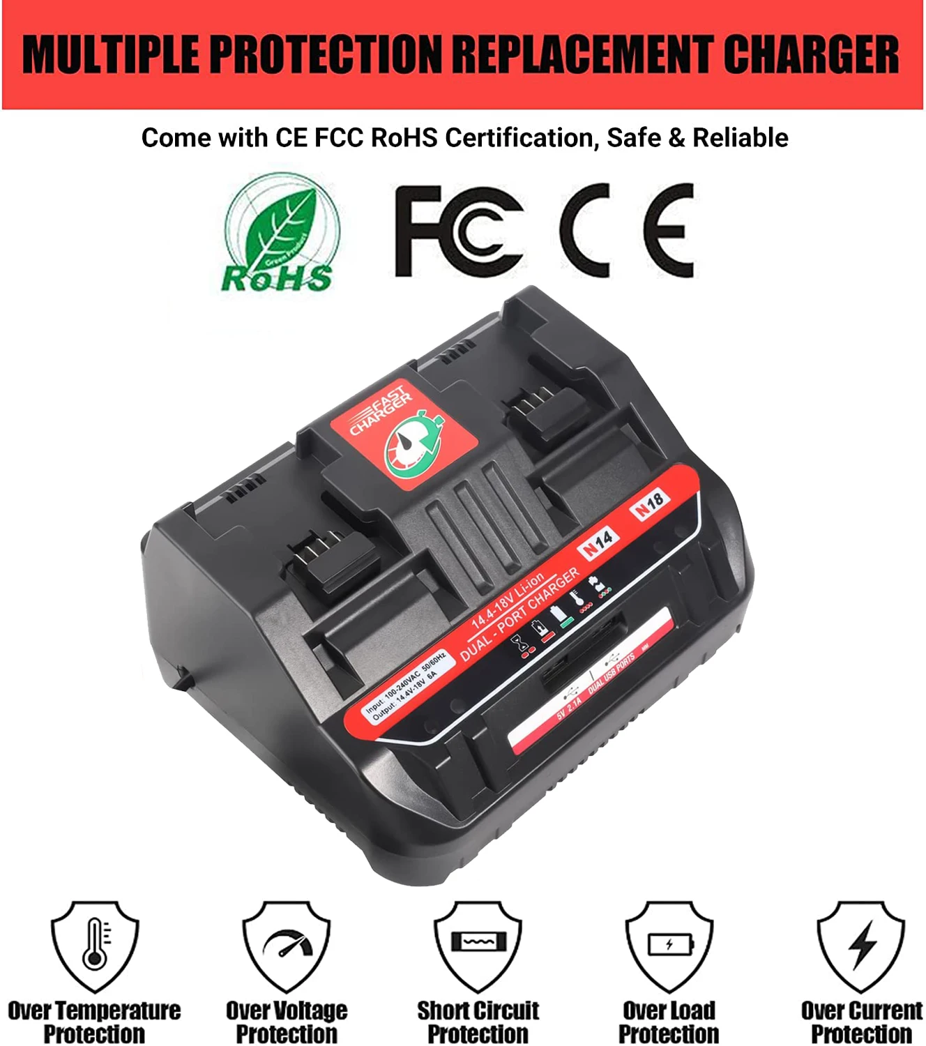 

N12 N14 N18 Li-ion Battery Charger For Milwaukee 12V 14.4V 18V M18 48 - 11 - 24xx Series Lithium-ion Battery 6A Charging Current