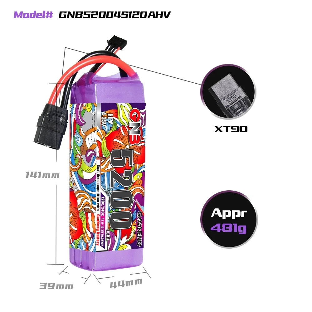 بطارية ليثيوم GAONENG GNB LiHV 4S 15.2V 5200mAh 120C مع موصل XT90، مناسبة لطائرات بدون طيار FPV وكوادكوبتر.