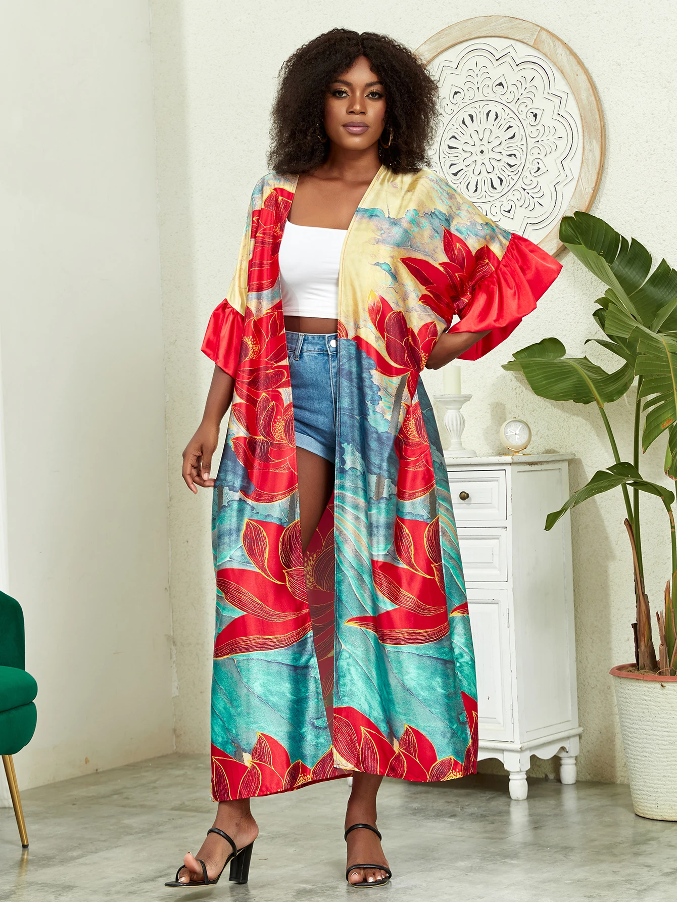 Plus Size Boho Kimono, damskie Plus nadruk lotosu kontrastowe wiązanie z długim rękawem z odkrytym przodem Kimono