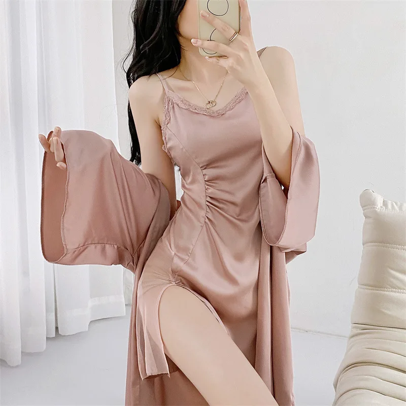 Twinset Lace Robe Set Spring Summer Rayon Bathrobe Gown Suit Kimono Nightgown Lingerie Women Silky Satin Sleepwear Homewear